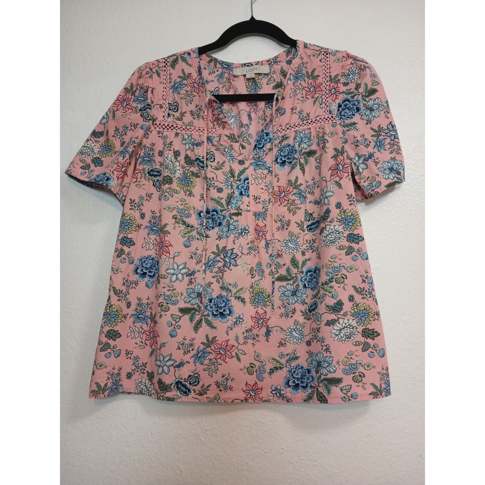 LOFT Pink Floral Split Neck Tie Blouse with Crochet Lace Trim Small Grandma Chic